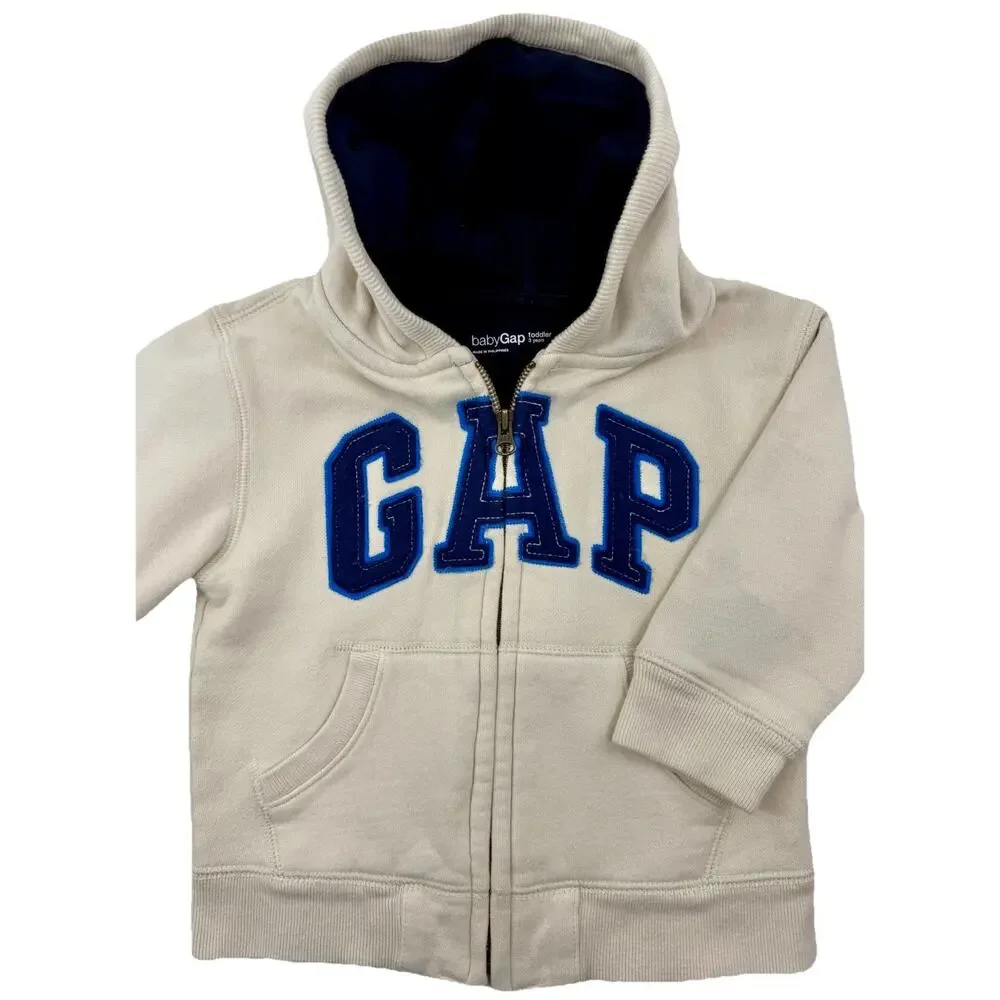 babyGap Toddler 3T Cream Zip Hoodie Blue Logo Letters Fleece‎ Lined EUC